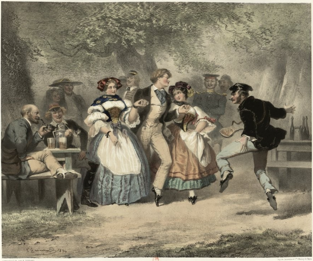 E. Guérard, Les touristes. Bal de vide-choppe (Heidelberg) danse, ball in a forest, germany, middle-class and working-class dancing