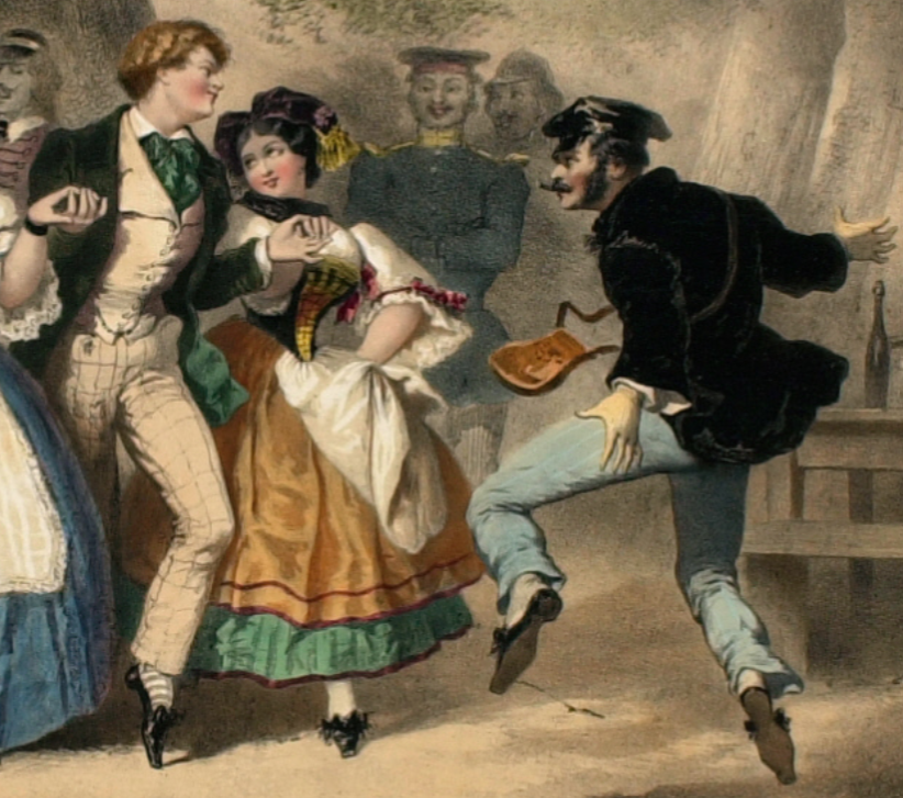 A working man dancing with a bourgeois at a ball 1850s 19th century quadrille
