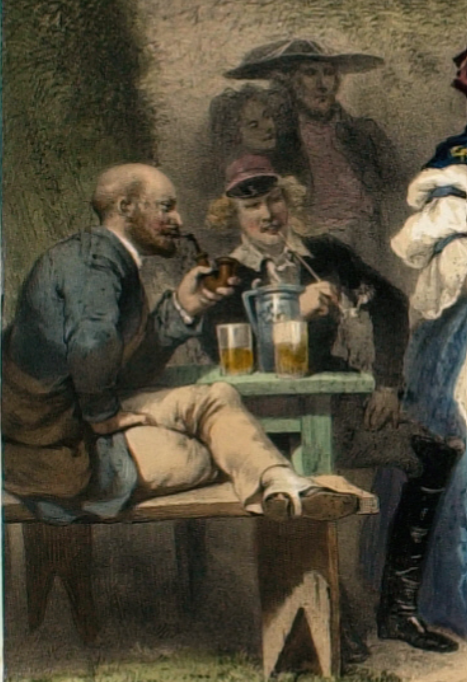 guérard, les touristes, bal de vide-choppe, lithography, engraving, middle-class men smoking, drinking beer at a ball
