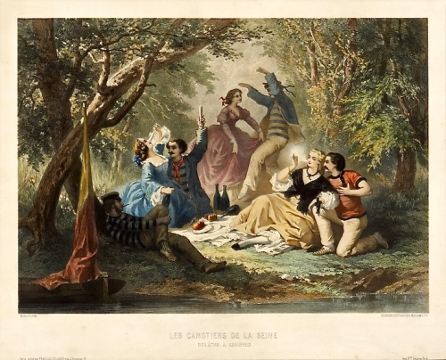 Antony Morlon (1834-1913), Les canotiers de la Seine. Relâche à Asnières, 1865. ball near a river 1860s 19th century, picnic